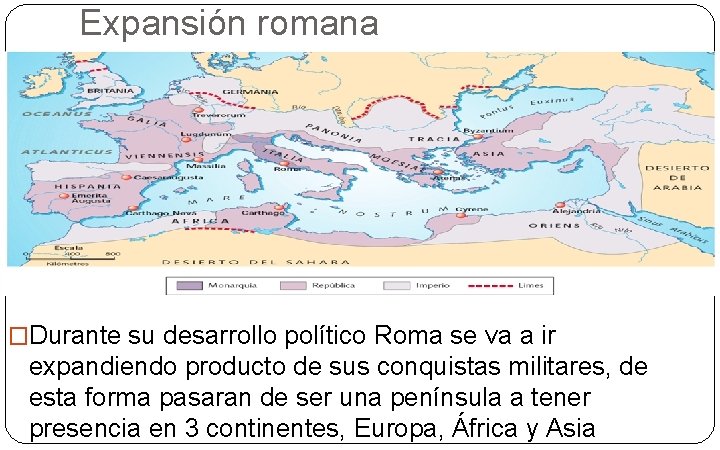 Expansión romana �Durante su desarrollo político Roma se va a ir expandiendo producto de