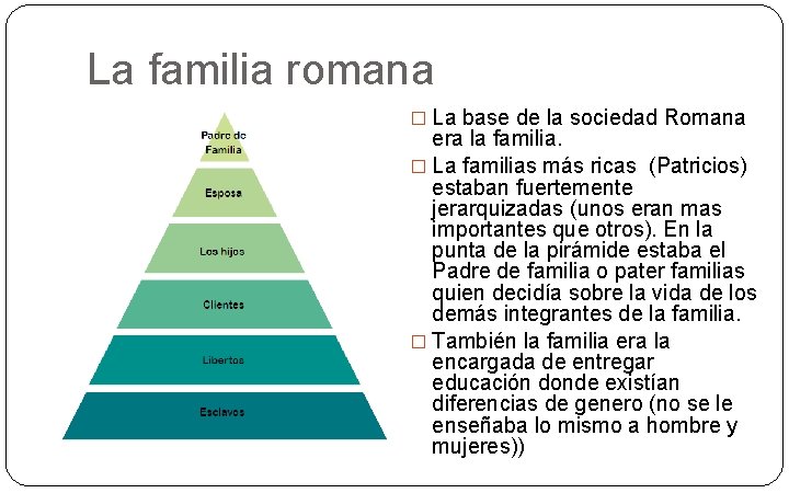 La familia romana � La base de la sociedad Romana era la familia. �