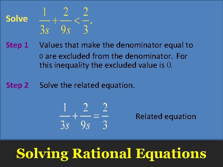 Solve Step 1 Values that make the denominator equal to 0 are excluded from