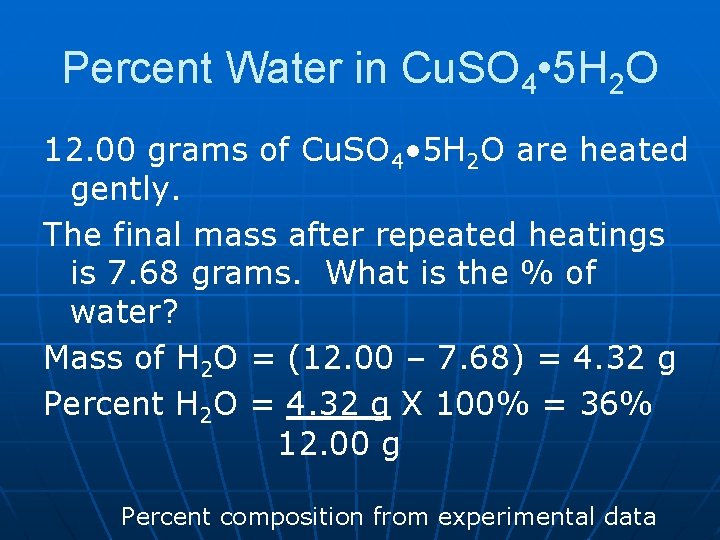 Percent Water in Cu. SO 4 • 5 H 2 O 12. 00 grams Percent Water in Cu. SO 4 • 5 H 2 O 12. 00 grams