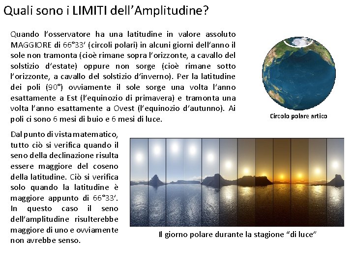 Quali sono i LIMITI dell’Amplitudine? Quando l’osservatore ha una latitudine in valore assoluto MAGGIORE Quali sono i LIMITI dell’Amplitudine? Quando l’osservatore ha una latitudine in valore assoluto MAGGIORE