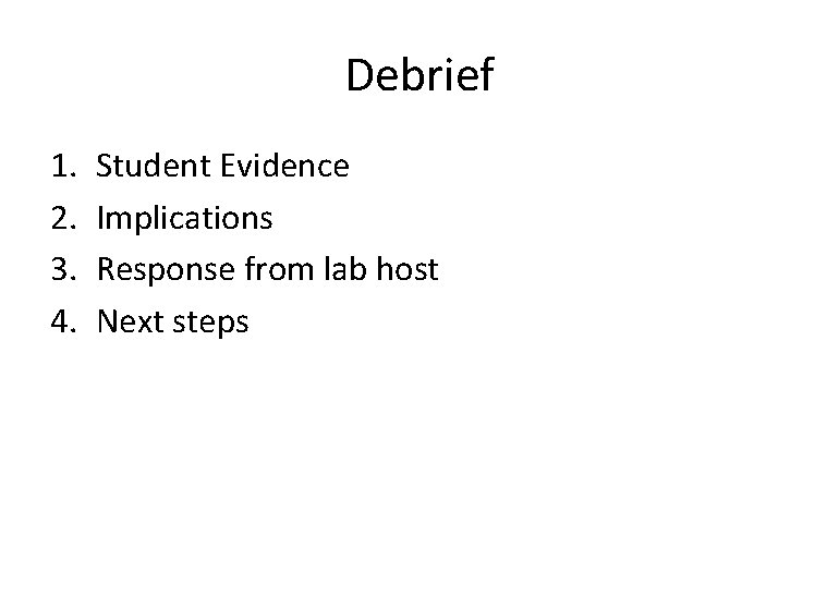 Debrief 1. 2. 3. 4. Student Evidence Implications Response from lab host Next steps