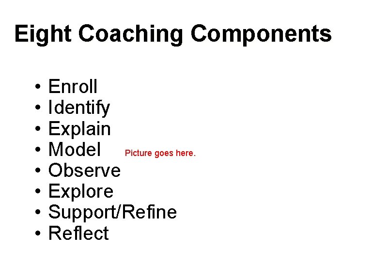 Eight Coaching Components • • Enroll Identify Explain Model Picture goes here. Observe Explore Eight Coaching Components • • Enroll Identify Explain Model Picture goes here. Observe Explore