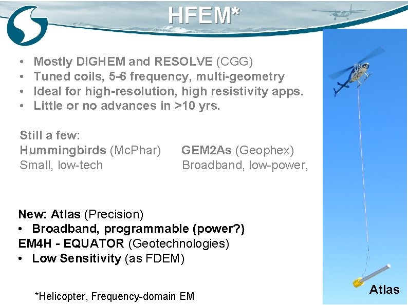 HFEM* • • Mostly DIGHEM and RESOLVE (CGG) Tuned coils, 5 -6 frequency, multi-geometry