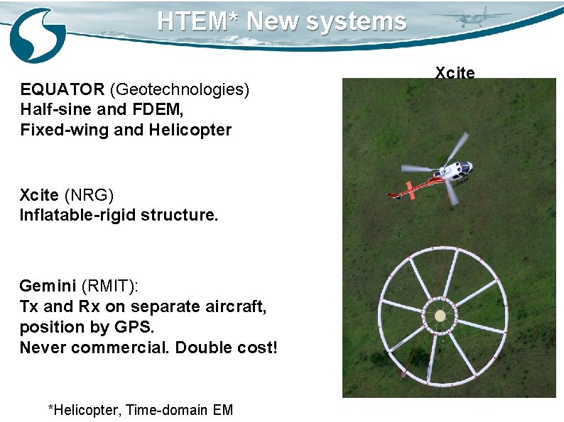 HTEM* New systems EQUATOR (Geotechnologies) Half-sine and FDEM, Fixed-wing and Helicopter Xcite (NRG) Inflatable-rigid