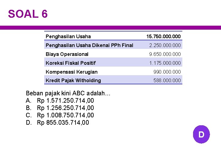 SOAL 6 Penghasilan Usaha 15. 750. 000 Penghasilan Usaha Dikenai PPh Final 2. 250.