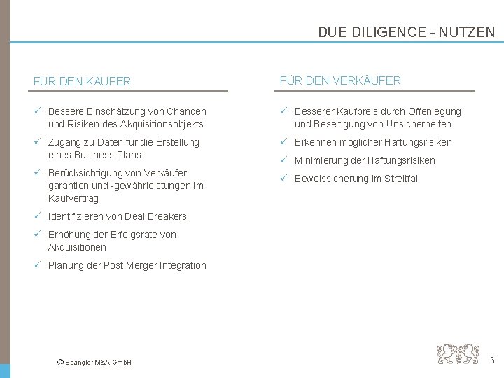 DUE DILIGENCE - NUTZEN FÜR DEN KÄUFER FÜR DEN VERKÄUFER ü Bessere Einschätzung von