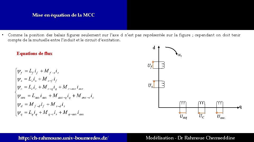 Mise en équation de la MCC • Comme la position des balais figures seulement