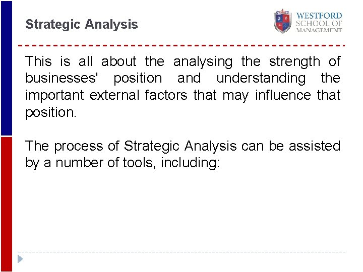 Strategic Analysis This is all about the analysing the strength of businesses' position and