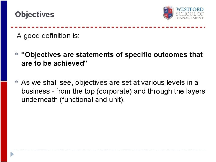 Objectives A good definition is: "Objectives are statements of specific outcomes that are to