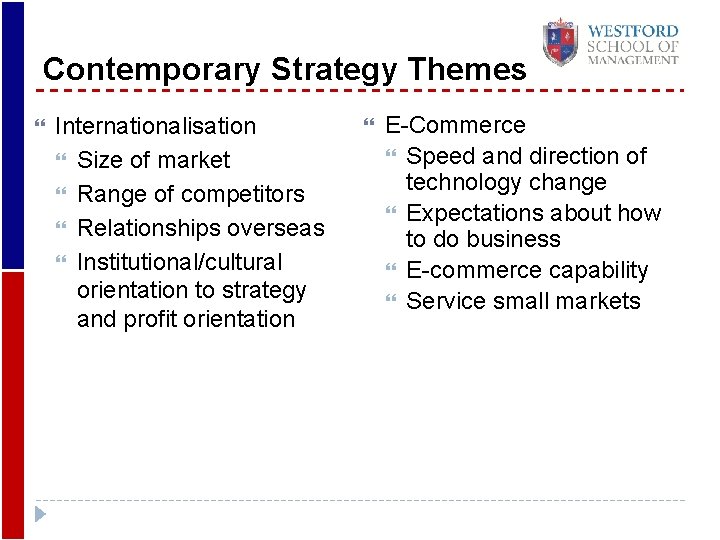 Contemporary Strategy Themes Internationalisation Size of market Range of competitors Relationships overseas Institutional/cultural orientation