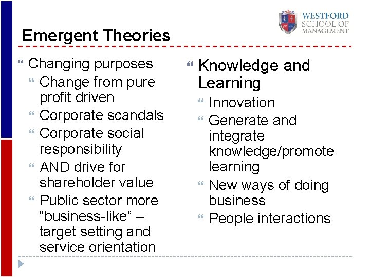 Emergent Theories Changing purposes Change from pure profit driven Corporate scandals Corporate social responsibility