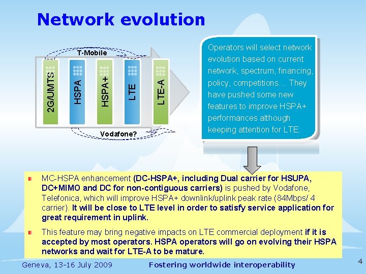 Network evolution Vodafone? LTE-A LTE HSPA+ HSPA 2 G/UMTS T-Mobile Operators will select network