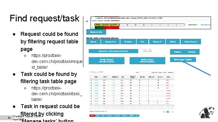 Find request/task ● Request could be found by filtering request table page ○ https:
