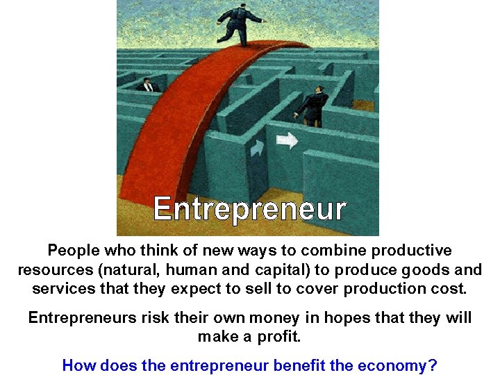 People who think of new ways to combine productive resources (natural, human and capital)