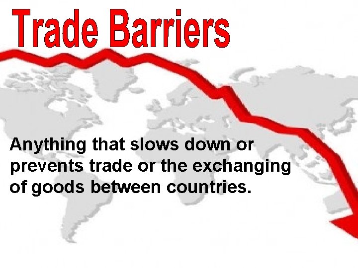 Anything that slows down or prevents trade or the exchanging of goods between countries.