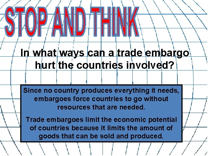 In what ways can a trade embargo hurt the countries involved? Since no country
