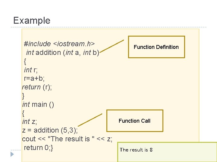 Example #include <iostream. h> int addition (int a, int b) { int r; r=a+b;