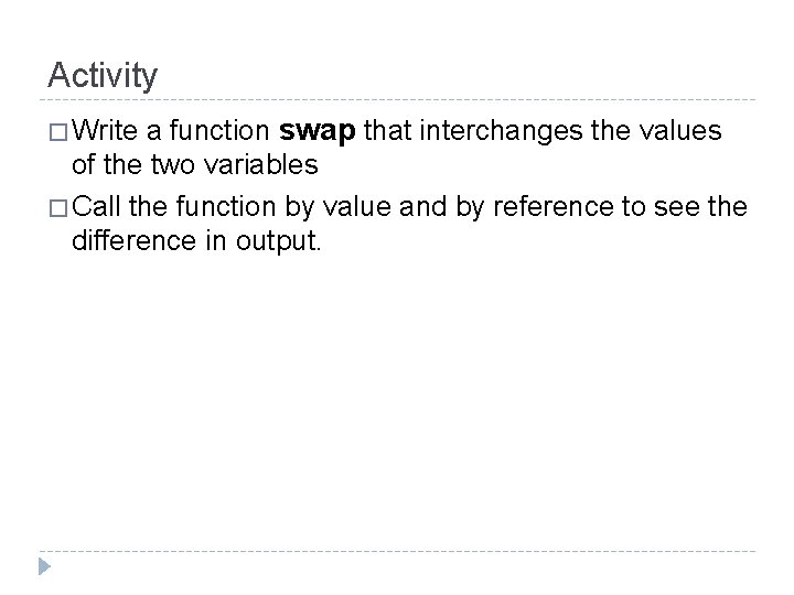 Activity � Write a function swap that interchanges the values of the two variables Activity � Write a function swap that interchanges the values of the two variables