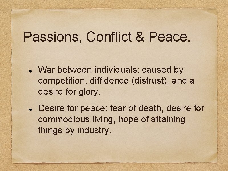 Passions, Conflict & Peace. War between individuals: caused by competition, diffidence (distrust), and a