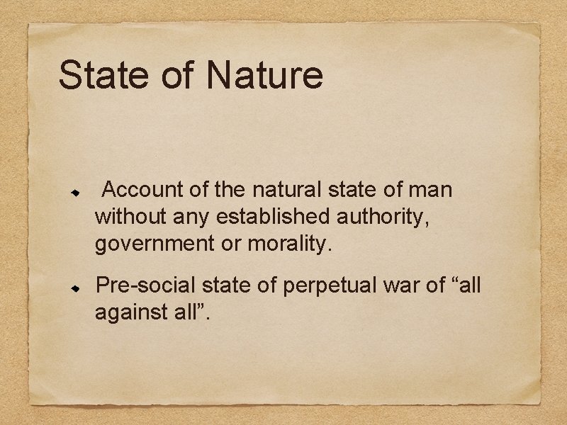 State of Nature Account of the natural state of man without any established authority,