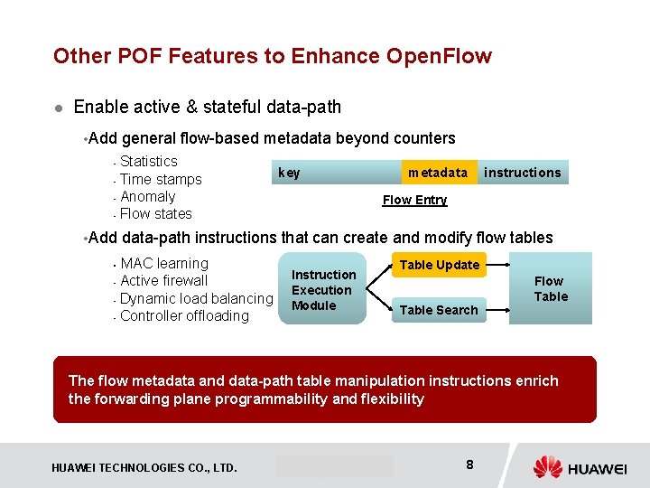 Other POF Features to Enhance Open. Flow l Enable active & stateful data-path •