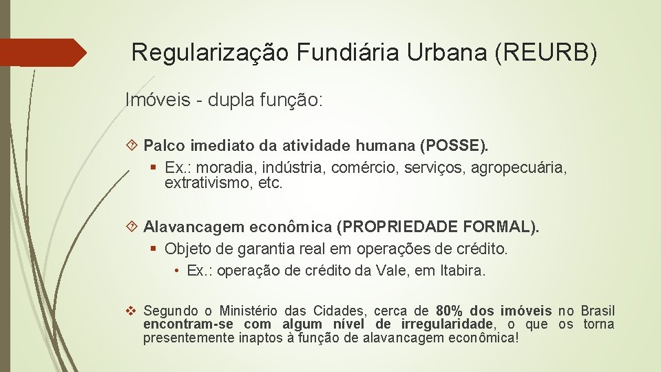 Regularização Fundiária Urbana (REURB) Imóveis - dupla função: Palco imediato da atividade humana (POSSE).
