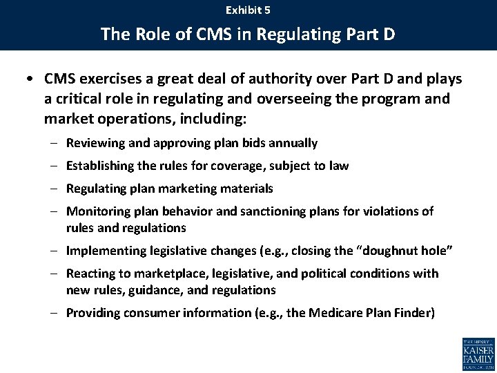 Exhibit 5 The Role of CMS in Regulating Part D • CMS exercises a