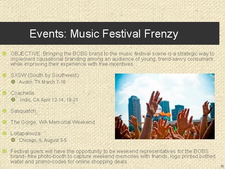 Events: Music Festival Frenzy OBJECTIVE: Bringing the BOBS brand to the music festival scene