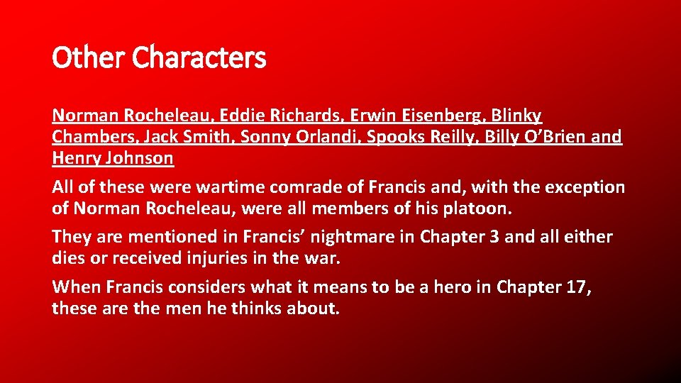 Other Characters Norman Rocheleau, Eddie Richards, Erwin Eisenberg, Blinky Chambers, Jack Smith, Sonny Orlandi,