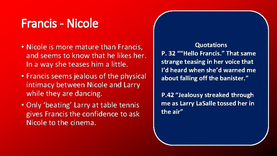Francis - Nicole • Nicole is more mature than Francis, and seems to know