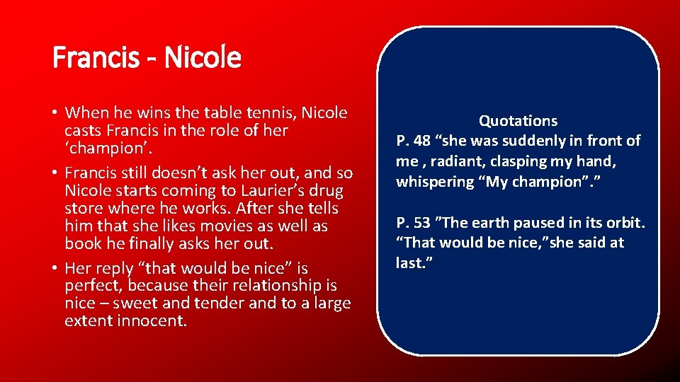 Francis - Nicole • When he wins the table tennis, Nicole casts Francis in
