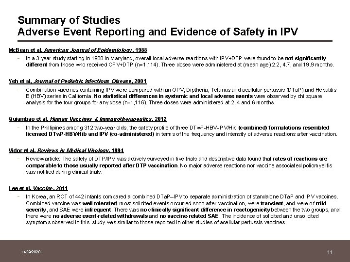 Summary of Studies Adverse Event Reporting and Evidence of Safety in IPV Mc. Bean