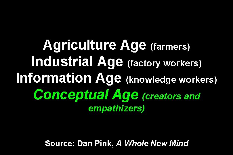 Agriculture Age (farmers) Industrial Age (factory workers) Information Age (knowledge workers) Conceptual Age (creators