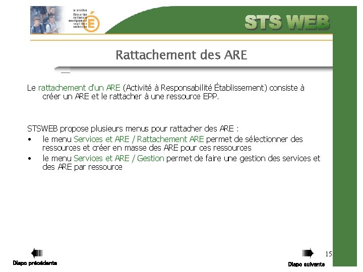 Rattachement des ARE Le rattachement d’un ARE (Activité à Responsabilité Établissement) consiste à créer