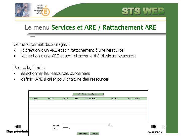 Le menu Services et ARE / Rattachement ARE Ce menu permet deux usages :