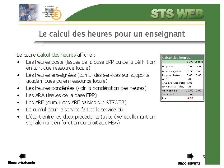 Le calcul des heures pour un enseignant Le cadre Calcul des heures affiche :