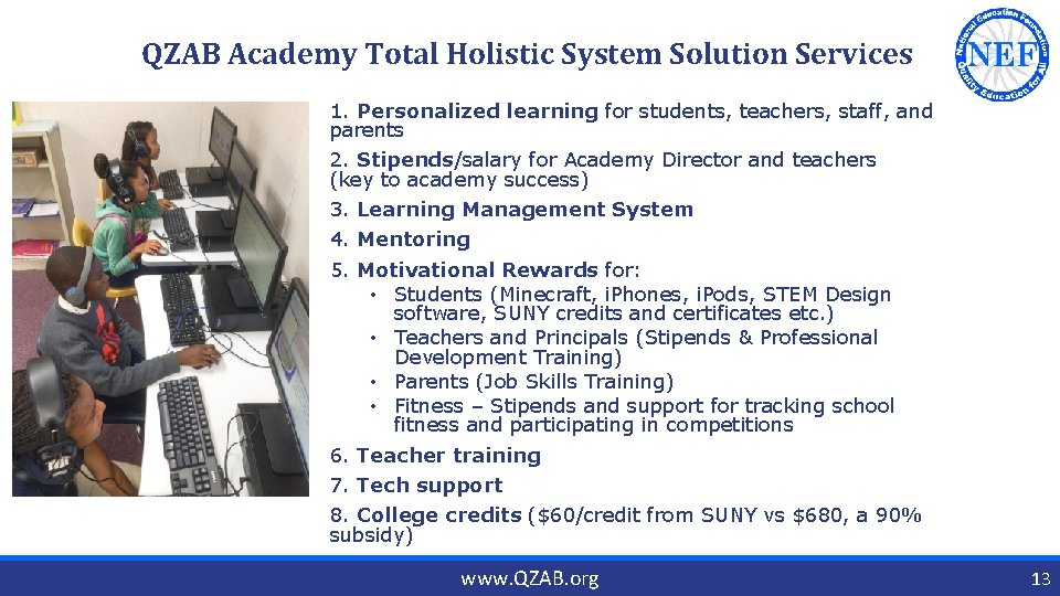 QZAB Academy Total Holistic System Solution Services 1. Personalized learning for students, teachers, staff,