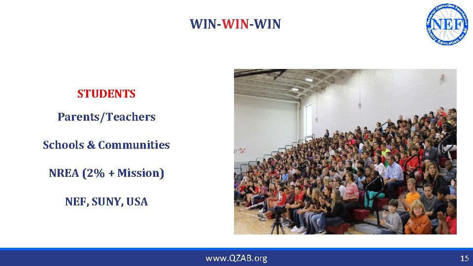 WIN-WIN STUDENTS Parents/Teachers Schools & Communities NREA (2% + Mission) NEF, SUNY, USA www.