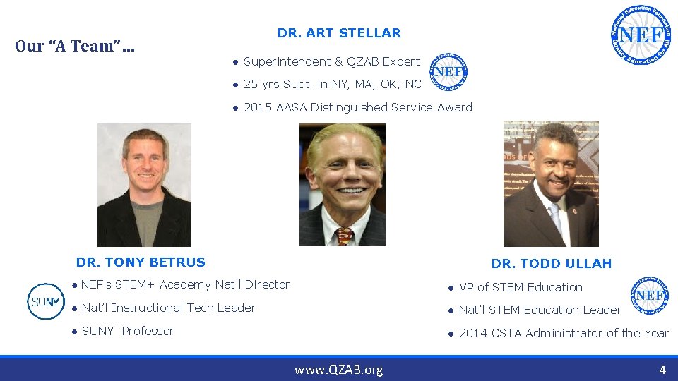 Our “A Team”… DR. ART STELLAR ● Superintendent & QZAB Expert ● 25 yrs
