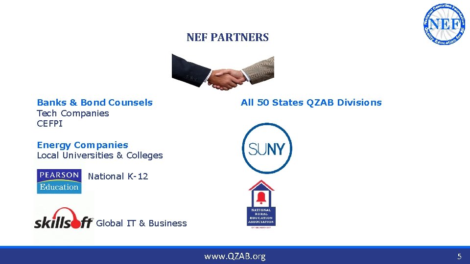 NEF PARTNERS Banks & Bond Counsels Tech Companies CEFPI All 50 States QZAB Divisions