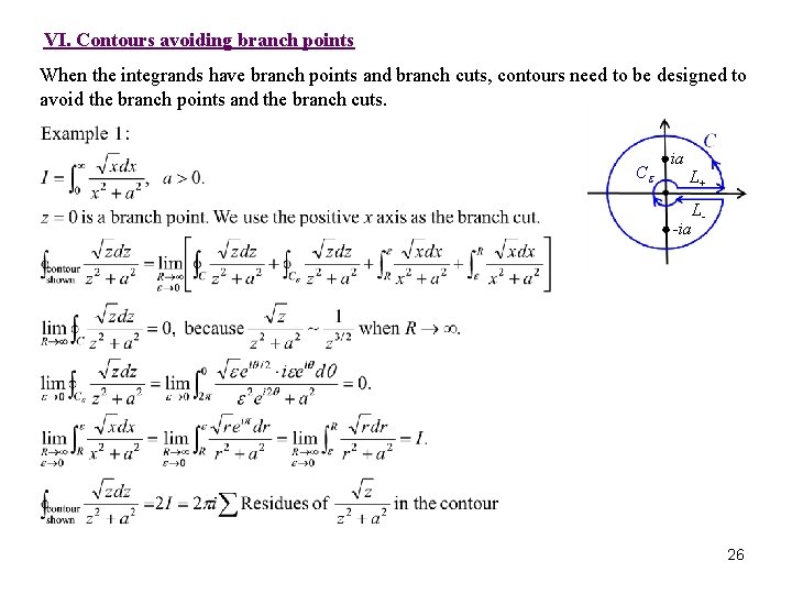 VI. Contours avoiding branch points When the integrands have branch points and branch cuts, VI. Contours avoiding branch points When the integrands have branch points and branch cuts,