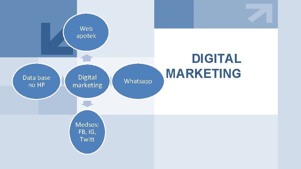 Web apotek Data base no HP Digital marketing Medsos: FB, IG, Twitt Whatsapp DIGITAL