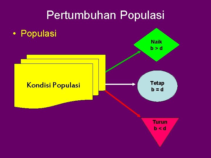 Pertumbuhan Populasi • Populasi Naik b>d Kondisi Populasi Tetap b=d Turun b<d 