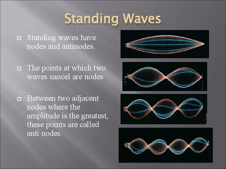 Standing Waves Standing waves have nodes and antinodes. The points at which two waves