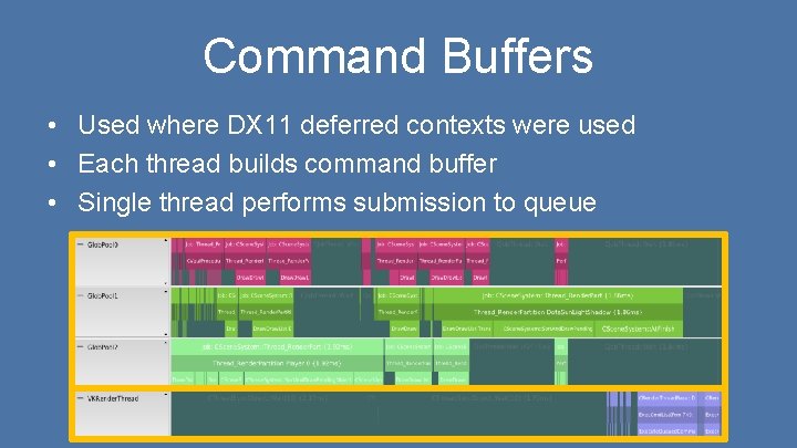 Command Buffers • Used where DX 11 deferred contexts were used • Each thread