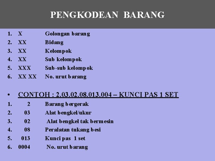 PENGKODEAN BARANG 1. 2. 3. 4. 5. 6. X XX XXX XX XX •