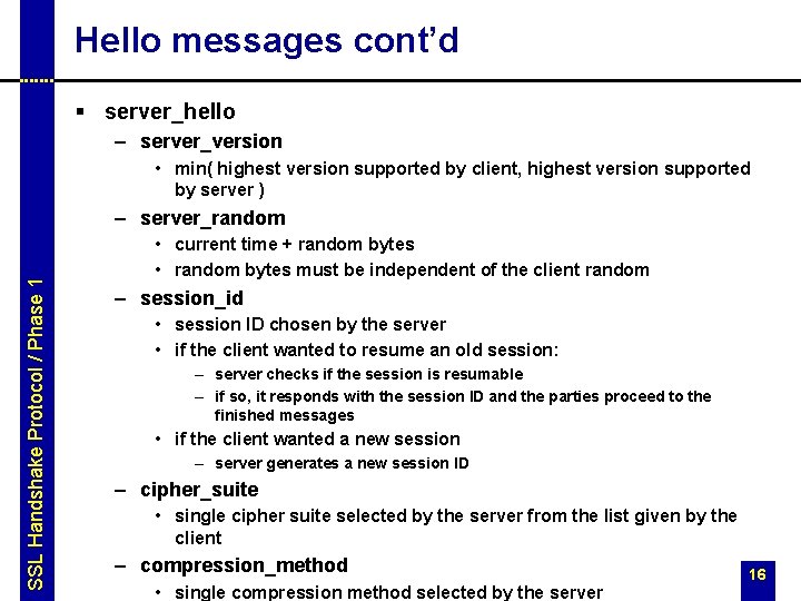 Hello messages cont’d § server_hello – server_version • min( highest version supported by client, Hello messages cont’d § server_hello – server_version • min( highest version supported by client,