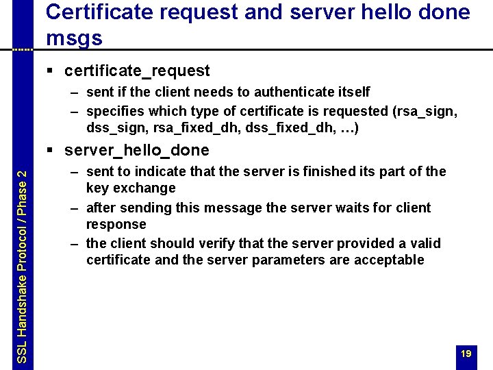 Certificate request and server hello done msgs § certificate_request – sent if the client Certificate request and server hello done msgs § certificate_request – sent if the client