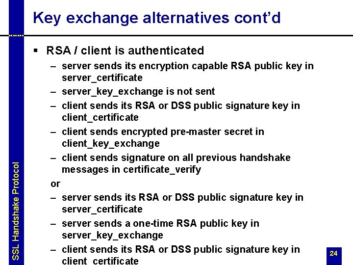 Key exchange alternatives cont’d SSL Handshake Protocol § RSA / client is authenticated – Key exchange alternatives cont’d SSL Handshake Protocol § RSA / client is authenticated –
